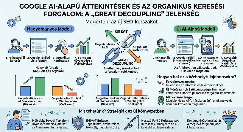 Google AI-alapú áttekintések hatása az organikus keresési forgalomra: A „Great Decoupling” jelenség